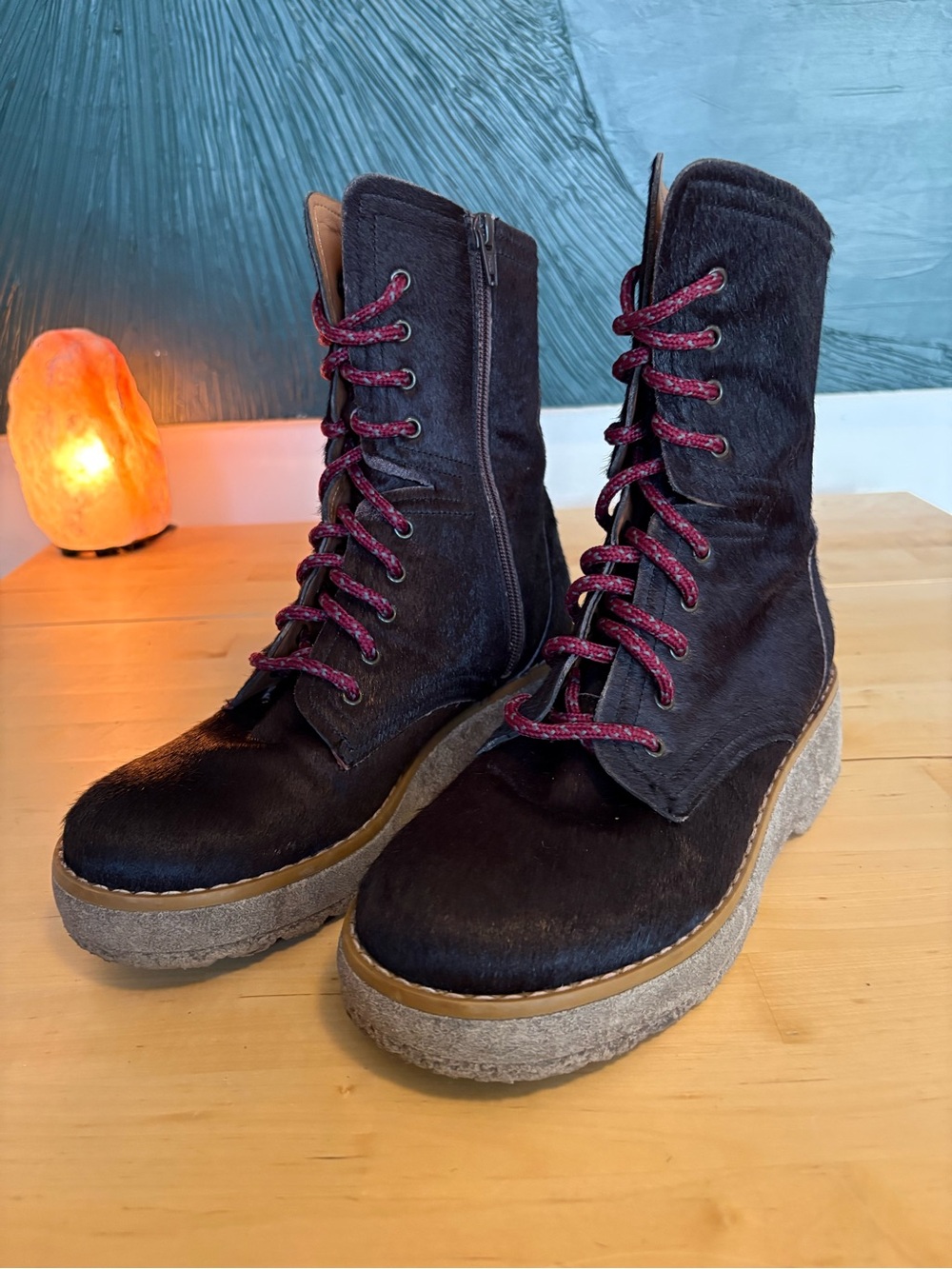 Free People Taos Cow Hide Hair Combat Boots Burgundy Platform Zip Size 39 Shoes
